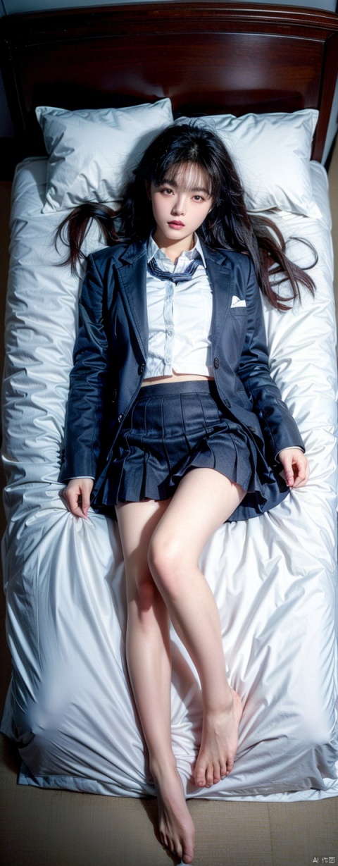  18 years old girl,The golden ratio body,asian, school_uniform, Bare feet,medium breasts,tattoo,perspective,long_hair, ((poakl)),detailed hands ,detailed face,five fingers,detailed hand,detailed legs,Logical legs,medium breasts,beautiful detail eyes,thin,detailed face,cute face,realistic, album, photo, real,looking_at_viewer, Low saturation, buruma, moyou,coat,bed,masterpiece, best quality,platinum blonde hair, Shot from a bird's-eye view , feet,stretch,lying_down,Legs of equal length,full body photo,Thin legs,Lie down completely,thin, jinmai,Proud,confident