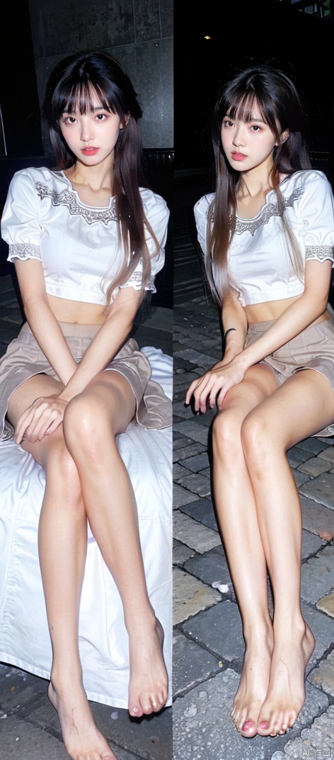  18 years old girl,The golden ratio body,asian, school_uniform, Bare feet,medium breasts,long_hair,detailed hands ,detailed face,five fingers,detailed hand,detailed legs,Logical legs,medium breasts,beautiful detail eyes,thin,detailed face,cute face,realistic, album, photo, real, Low saturation,moyou,bed,masterpiece, best quality,Shot from a bird's-eye view,stretch,lying_down,Legs of equal length,full body photo,Thin legs,Lie down completely,thin, jinmai,Proud,confident,blouse, Delicate feet,tow girls,twins,smile,Two almost identical faces,crop top,t-shirt,black pantyhose,(four legs),black high heels, film, yunv,thin legs, japanese clothes, Best hands,undressing, shirt_lift