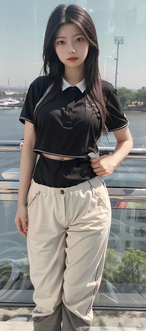  16 years old girl,1080p,thin,long legs,solo, two legs,standing,city,sea, nine-headed body,((poakl)),big_breasts,1girl,hands down,short sleeves,stomach cutout,bodysuit,pants,panties under pantyhose,bralines,mirror,reflection,tattoo
