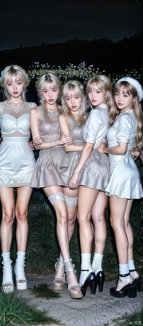  detailed hands ,detailed face,five fingers,detailed hand,detailed legs,Logical legs,thin,detailed face,cute face,realistic, album, photo, real, Low saturation,moyou,masterpiece, best quality,Legs of equal length,full body photo,Thin legs, film, thin legs, Best hands,official art,extremely detailed CG unity 8k wallpaper, flower field, real, blonde hair, hair bun, beautiful detailed eyes, smirk, aqua eyes, medium breasts, mesh, black thighhighs, high heels, beret, looking up,16 years old girls,walking,Point perspective, Three-dimensional,(twins),(two girls),city,(group profile),(3 girls),(3 women),(three women),(4 girls),(4 women),(four women),(four girls),deferent faces,The distance is far or near,arms_behind_back,hands_behind_back,arms_in_back,coat on shoulders, songyi, Light master, hand101