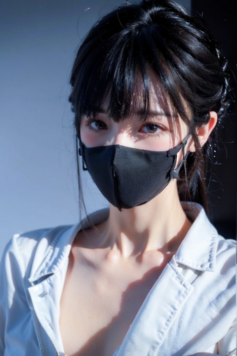  pretty, sassy,girl, sunshine, aesthetic,cyberpunk,bright light,night, 2k, aomei, luolitou, 1girl,bust, Add details, shine eyes01,ponytail,color contact lenses,shy,blouse under clothes,coat, hkd1.5,mouth mask