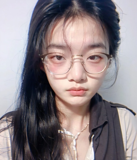  16 years old girl,standing,asian,medium breasts,long_hair,solo,medium breasts,thin, best quality, bust, realistic, album, 1girl,zxx, Add details,wearing glasses, eyes, Single eyelid,serious,face photo,no color lens,hair pulled back,hair behind ears,ponytail