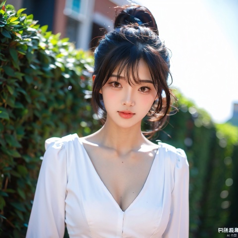  18 years old girl, sunshine,night,1girl,Add details, shine eyes01,ponytail,color contact lenses,blouse under clothes,thin,face photo,looking_at_viewer, depth of field, cxy, film