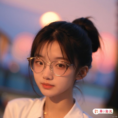  18 years old girl, sunshine,night,1girl,Add details, shine eyes01,ponytail,thin,(face photo:1.1),looking_at_viewer, zxx,wearing glasses,