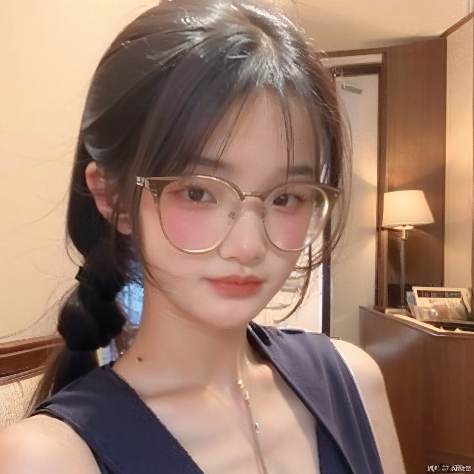  18 years old girl, sunshine,night,1girl,Add details, shine eyes01,ponytail,thin,(face photo:1.1),looking_at_viewer, zxx,moyou,wearing glasses,