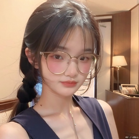  18 years old girl, sunshine,night,1girl,Add details, shine eyes01,ponytail,thin,(face photo:1.1),looking_at_viewer, zxx,moyou,wearing glasses,