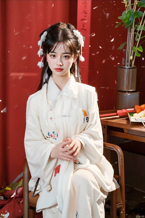 Girl, harmonious colors, depth of field, New Year scene, bangs, white headwear, red long sleeves, white sleeveless plush jacket, full clothes, spacious, traditional Chinese clothing, sitting on a stool, table, Spring Festival couplets, decoration, tassels,