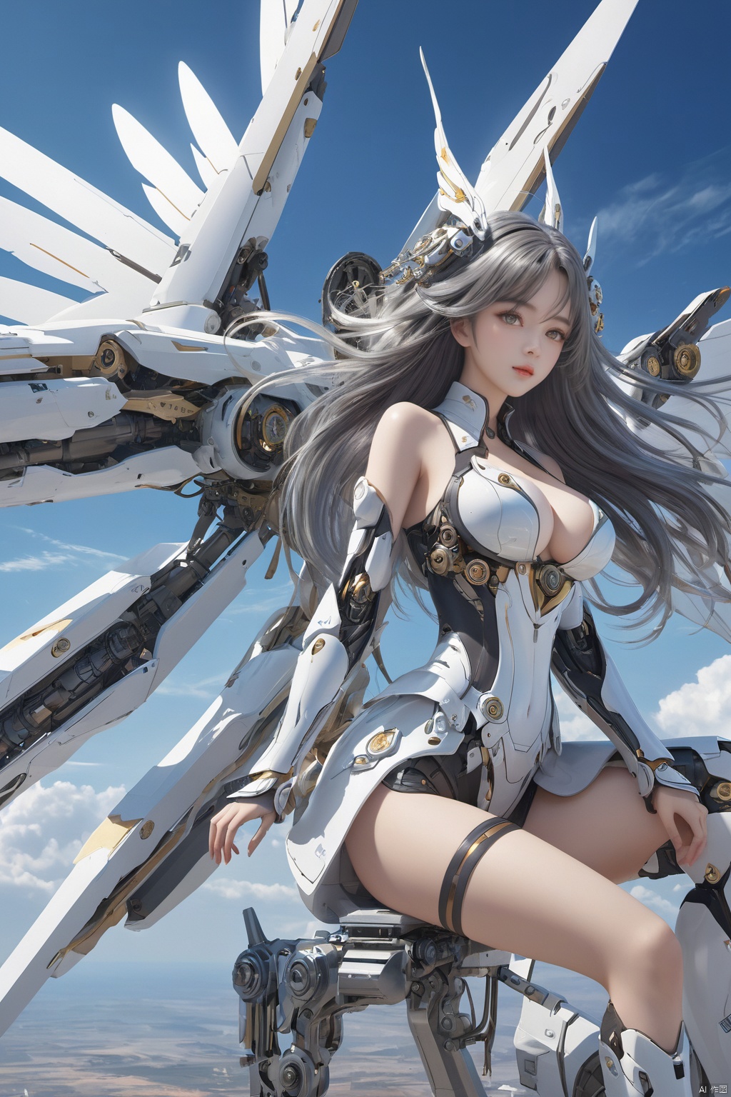  ((masterpiece)), ((best quality)), ((illustration)), extremely detailed,1 girl,mecha clothes,, big breasts,Dark white very_long_hair, scifi hair ornaments, beautiful detailed deep eyes, beautiful detailed sky, cinematic lighting, wind,Mechanical wings，Squatting and sitting