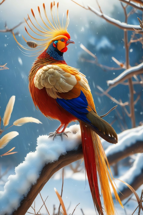 Golden pheasant,Standing on dry branches against a snowy background,Photography, background blurring,Real feathers, high-definition
