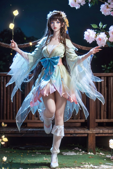 Defocused, blurry, natural, landscape, forest, depth of field, light particles, trees, lens spots, light, (sky \), sky, night, mountains, scenery, 1 girl, solo, golden eyes, dress, hair accessories, bangs, golden hair, white underwear, light yellow green coat, looking at the audience, big eyes, bangs, tassels, thighs, round and full breasts, light blue bow belt, long hair, choking ring, collarbone, kimono, Thin gauze, white thighs, belt, standing outdoors, (original photo: 1.2), (photo fidelity: 1.4), best quality, masterpiece, illustration, an extremely exquisite and beautiful, extremely detailed, CG, unified, 8k wallpaper, amazing, fine details, masterpiece, best quality, official art, extremely detailed CG unified 8k wallpaper, absurd, incredible absurdity, huge file size, ultra detailed, high-level, Very detailed, beautiful and detailed girl, movie lighting, 1 girl, pale skin, (perfect body shape), slender legs, fair skin, long legs, socks