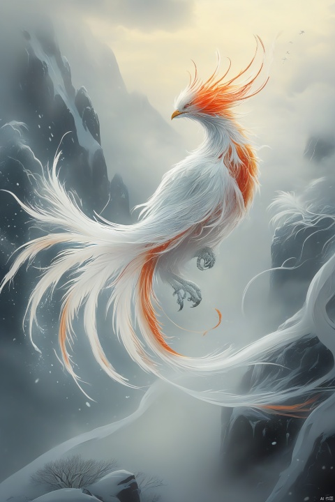 A phoenix formed by ice water, with slender tail feathers fluttering in the wind. Mist covers part of the phoenix's body, and the background is a snowy mountain