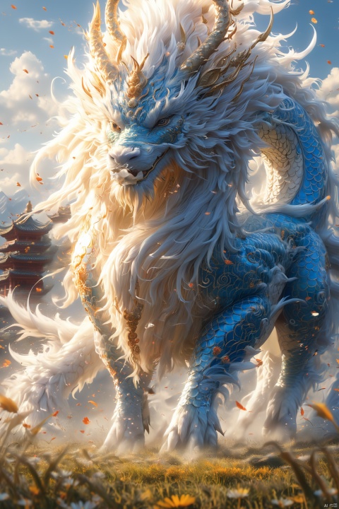 masterpiece,best quality,
The qilin is majestic, its body sleek and graceful, adorned with shimmering scales that glint in the sunlight. Its horn is long and spiraled, its eyes wise and kind. As it moves, the ground beneath its hooves bursts into bloom, flowers and grass springing up in its wake, creating a verdant path wherever it goes.，blue