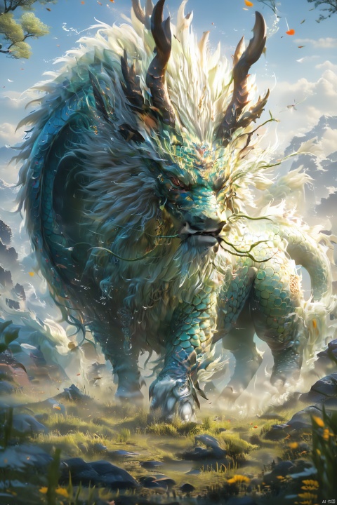  masterpiece,best quality,
The qilin is majestic, its body sleek and graceful, adorned with shimmering scales that glint in the sunlight. Its horn is long and spiraled, its eyes wise and kind. As it moves, the ground beneath its hooves bursts into bloom, flowers and grass springing up in its wake, creating a verdant path wherever it goes.