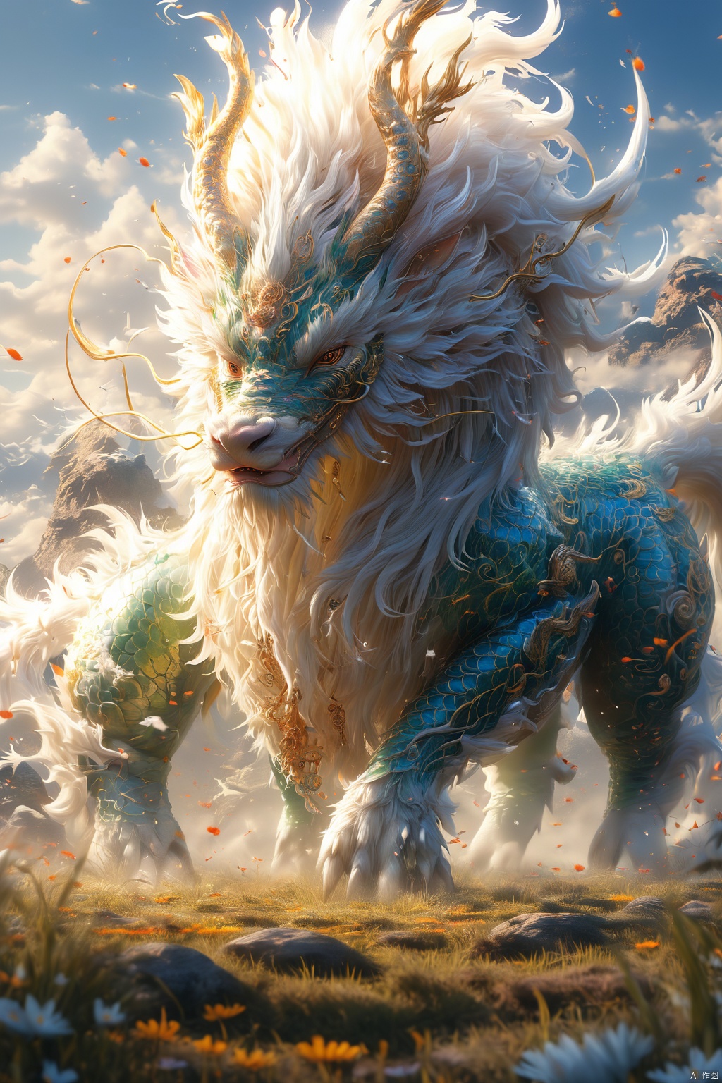  masterpiece,best quality,
The qilin is majestic, its body sleek and graceful, adorned with shimmering scales that glint in the sunlight. Its horn is long and spiraled, its eyes wise and kind. As it moves, the ground beneath its hooves bursts into bloom, flowers and grass springing up in its wake, creating a verdant path wherever it goes.