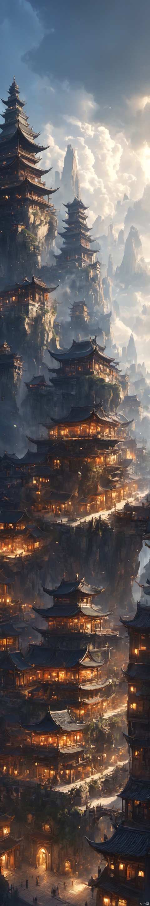  Fantasy, (black and white style), (elaborate styl), Laputa, sky, city made of light, fairytale, city covered, highly detailed, dynamic lighting, cinematic, realism, realistic, photo real(irregular building floating in the air), concept art inspired by Andreas Rocha, Artstation contest winner, fantasy art, light shafts, realistic lighting, masterpiece, high quality, beautiful graphics, high detail, masterpiece, high quality, beautiful graphics, high detail, tilt shift, excellent lighting, super detail, depth of field, science fiction, Cyberpunk, masterpiece, best quality,((ultra-detailed)), Chinese traditional, traditional media