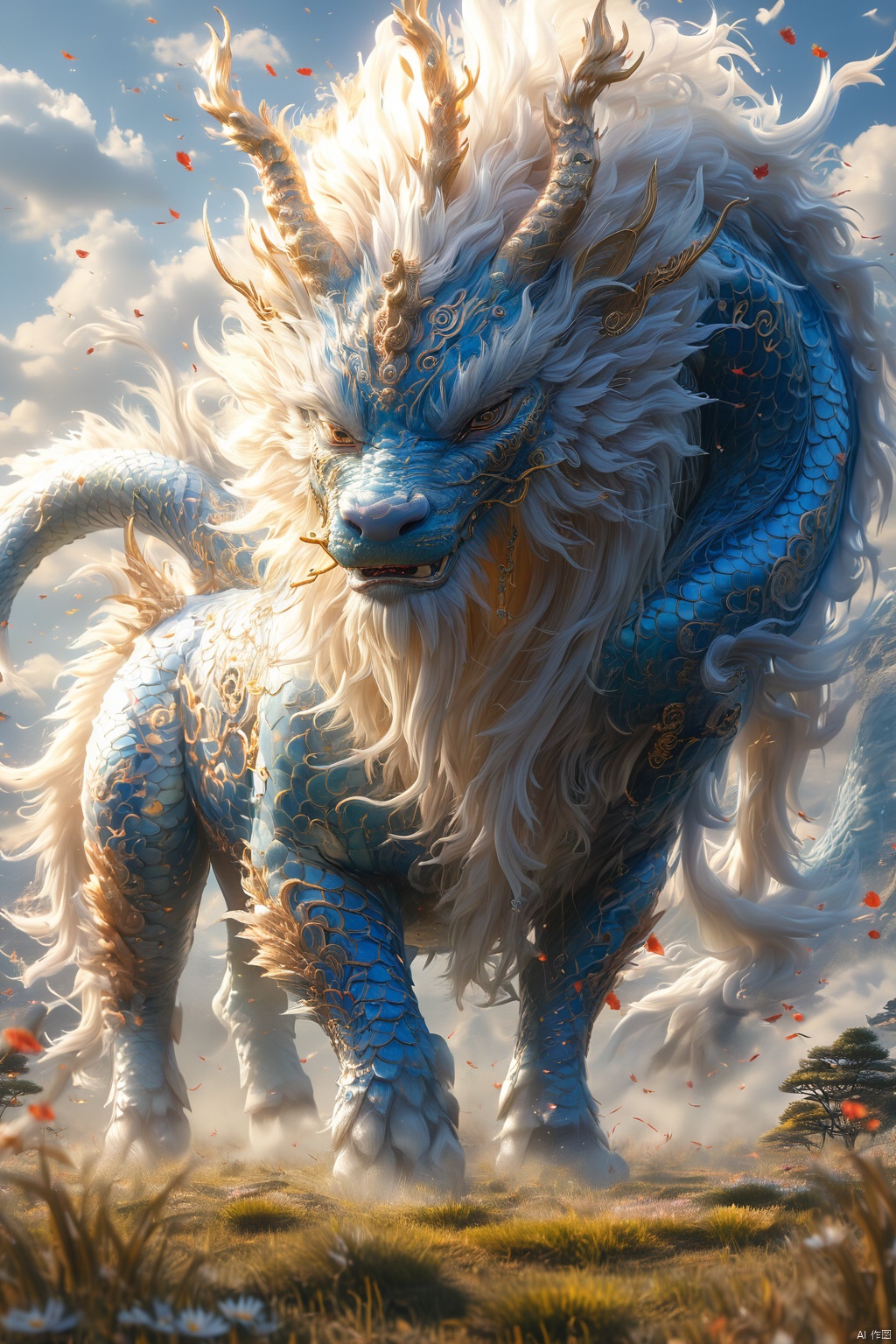  masterpiece,best quality,
The qilin is majestic, its body sleek and graceful, adorned with shimmering scales that glint in the sunlight. Its horn is long and spiraled, its eyes wise and kind. As it moves, the ground beneath its hooves bursts into bloom, flowers and grass springing up in its wake, creating a verdant path wherever it goes.，blue