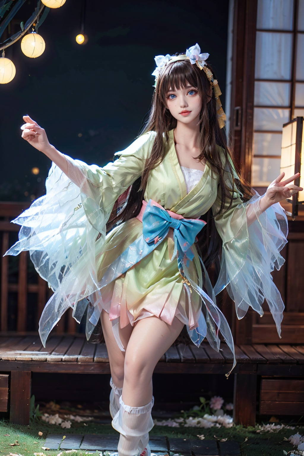 Defocused, blurry, natural, landscape, forest, depth of field, light particles, trees, lens spots, light, (sky \), sky, night, mountains, scenery, 1 girl, realistic, real skin, real person, solo, golden eyes, smile, smile, pink white lips, dress, hair accessories, bangs, golden hair, white underwear, light yellow green coat, looking at the audience, big eyes, bangs, tassels, thighs, Round and plump breasts, light blue bow belt, long hair, choke, collarbone, kimono, chiffon, white thighs, belt, standing outdoors, (original photo: 1.2), (photo realism: 1.4) Best quality, masterpiece, illustration, an extremely exquisite and beautiful, extremely detailed, unified, 8k wallpaper, amazing, exquisite details, masterpiece, best quality, official art, incredible absurdity, Giant file size, super detailed, high-level, very detailed, beautiful detailed girl, movie lighting, 1 girl, pale skin, (perfect body shape), slender legs, fair and tender skin, long legs, socks