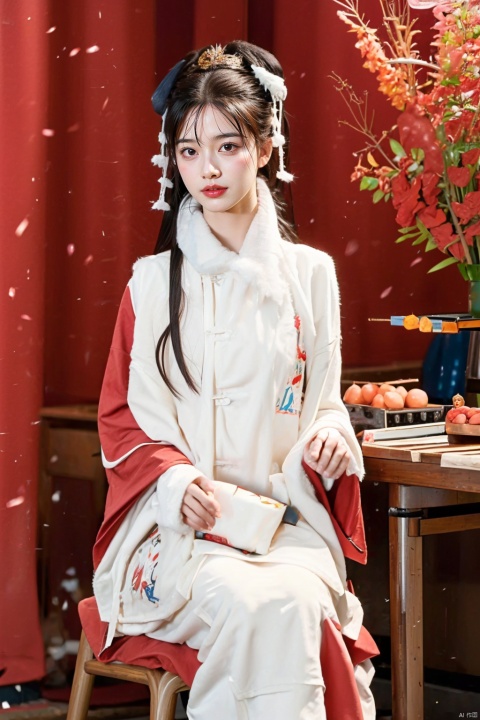 Girl, harmonious colors, depth of field, New Year scene, bangs, white headwear, red long sleeves, white sleeveless plush jacket, full clothes, spacious, traditional Chinese clothing, sitting on a stool, table, Spring Festival couplets, decoration, tassels,