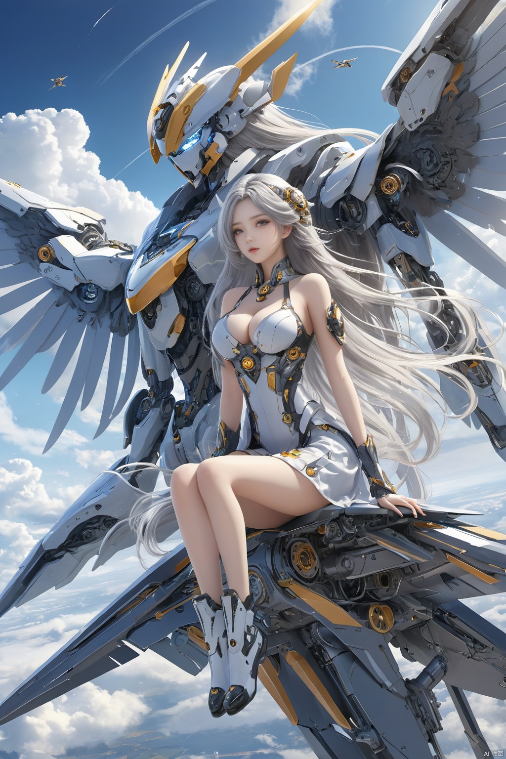  ((masterpiece)), ((best quality)), ((illustration)), extremely detailed,1 girl,mecha clothes,, big breasts,Dark white very_long_hair, scifi hair ornaments, beautiful detailed deep eyes, beautiful detailed sky, cinematic lighting, wind,Mechanical wings，Squatting and sitting