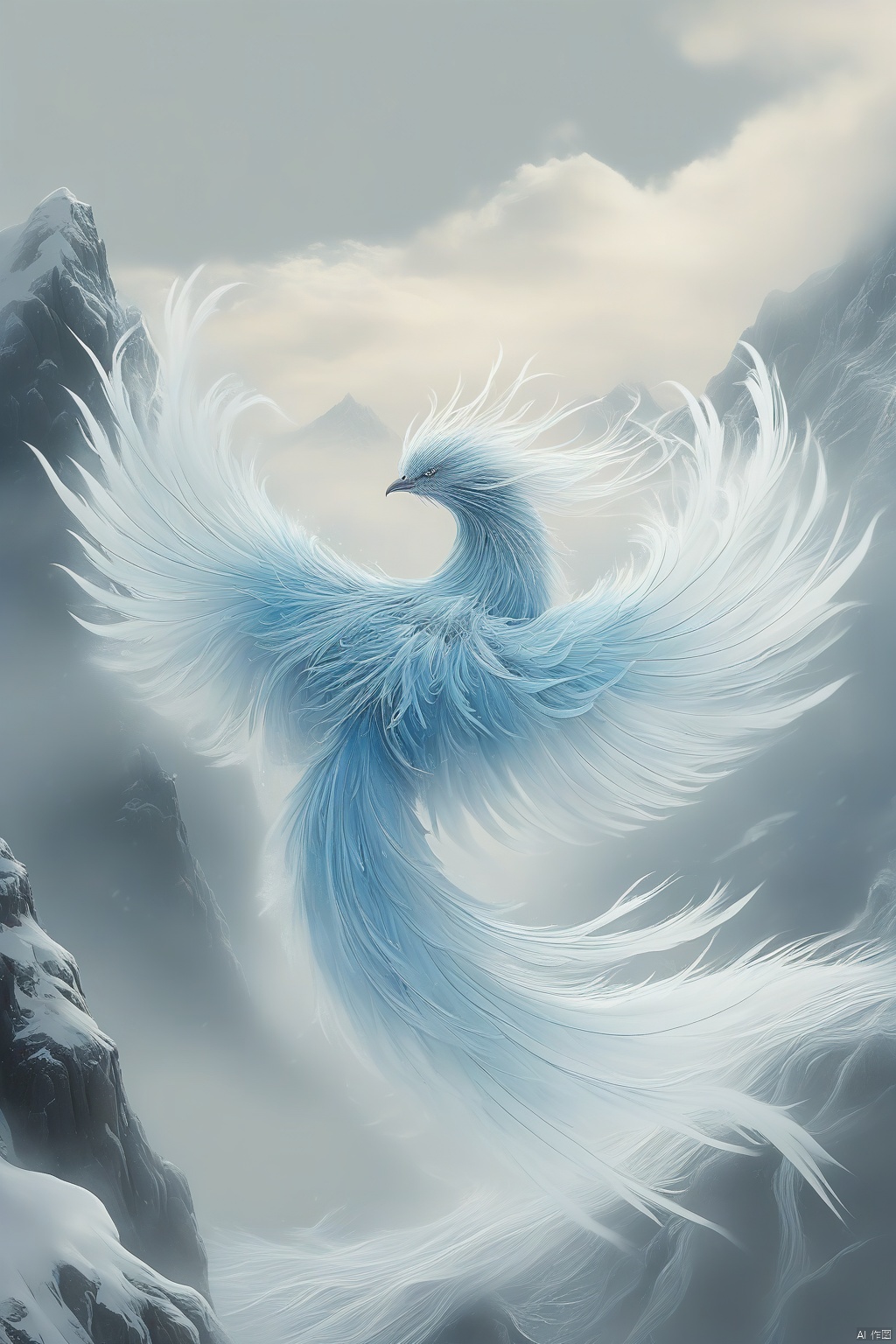 A light blue phoenix formed by ice water, with slender tail feathers fluttering in the wind. Mist covers part of the phoenix's body, and the background is a snowy mountain