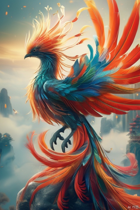 Phoenix, wings, colorful feathers, auspicious clouds,Standing on a stone, realistic,Exquisite eyes, spreading wings,front view