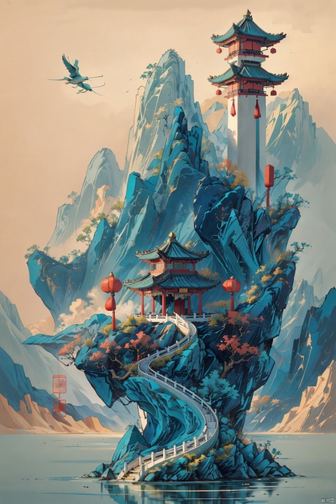 Ultra high definition, blue-green, artistic sense, minimalist poster, sea of clouds, Chinese gardens, Chinese architecture, artistic conception, ancient simplicity, ancient charm left blank,