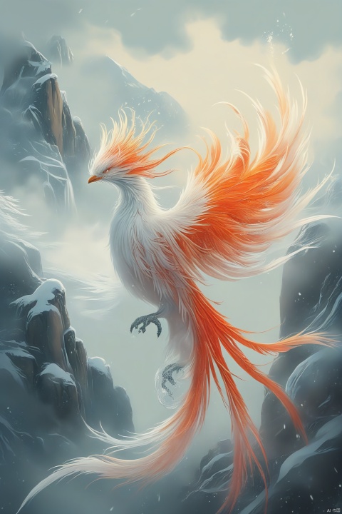 A phoenix formed by ice water, with slender tail feathers fluttering in the wind. Mist covers part of the phoenix's body, and the background is a snowy mountain