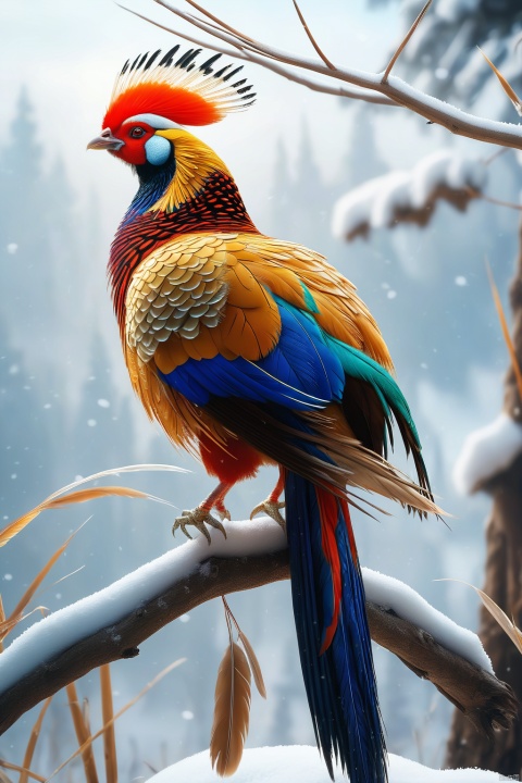 Golden pheasant,Standing on dry branches against a snowy background,Photography, background blurring,Real feathers, high-definition,Slender tail feathers
