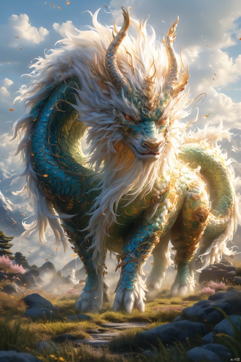  masterpiece,best quality,
The qilin is majestic, its body sleek and graceful, adorned with shimmering scales that glint in the sunlight. Its horn is long and spiraled, its eyes wise and kind. As it moves, the ground beneath its hooves bursts into bloom, flowers and grass springing up in its wake, creating a verdant path wherever it goes.