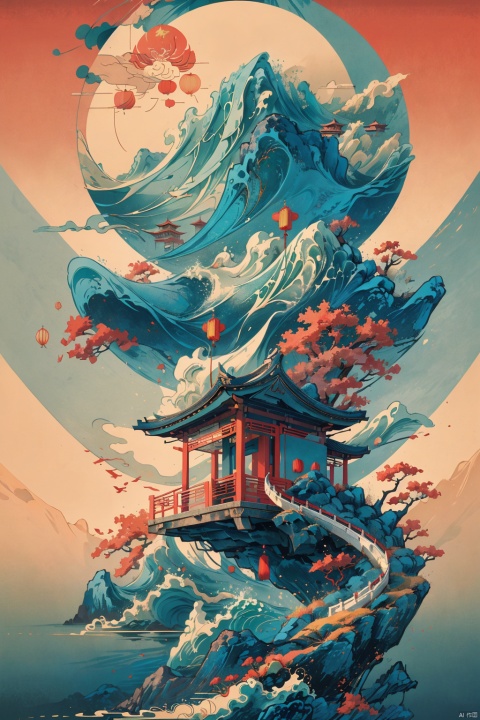 Ultra high definition, blue-green, landscape, artistic sense, minimalist poster, waves, red sun, cranes, sea of clouds, Chinese gardens, Chinese architecture, artistic conception, ancient simplicity, ancient charm left blank,