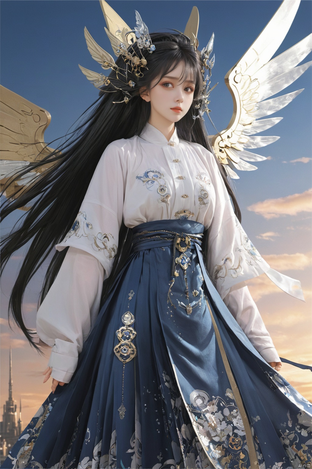  ((masterpiece)), ((best quality)), ((illustration)), extremely detailed,1 girl,mecha clothes,, big breasts,Dark white very_long_hair, scifi hair ornaments, beautiful detailed deep eyes, beautiful detailed sky, cinematic lighting, wind,Mechanical wings