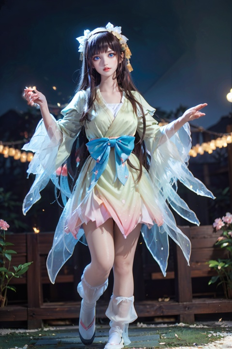 Defocused, blurry, natural, landscape, forest, depth of field, light particles, trees, lens spots, light, (sky \), sky, night, mountains, scenery, 1 girl, solo, golden eyes, dress, hair accessories, bangs, golden hair, white underwear, light yellow green coat, looking at the audience, big eyes, bangs, tassels, thighs, round and full breasts, light blue bow belt, long hair, choking ring, collarbone, kimono, Thin gauze, white thighs, belt, standing outdoors, (original photo: 1.2), (photo fidelity: 1.4), best quality, masterpiece, illustration, an extremely exquisite and beautiful, extremely detailed, CG, unified, 8k wallpaper, amazing, fine details, masterpiece, best quality, official art, extremely detailed CG unified 8k wallpaper, absurd, incredible absurdity, huge file size, ultra detailed, high-level, Very detailed, beautiful and detailed girl, movie lighting, 1 girl, pale skin, (perfect body shape), slender legs, fair skin, long legs, socks