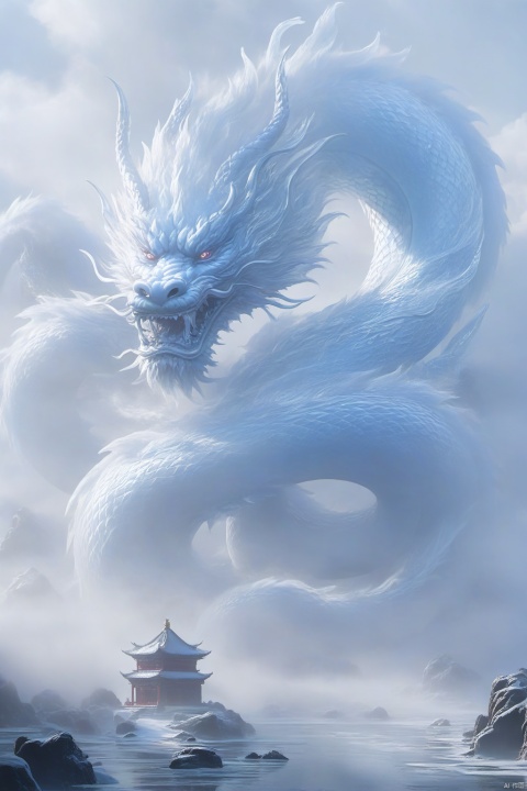 The Chinese Loong formed by ice and water has four dragon claws. The fog covers part of the dragon's body, and the dragon's body is indistinct