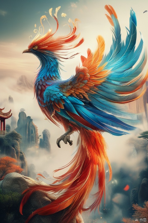 Phoenix, wings, colorful feathers, auspicious clouds,Standing on a stone, realistic,Exquisite eyes, spreading wings,front view
