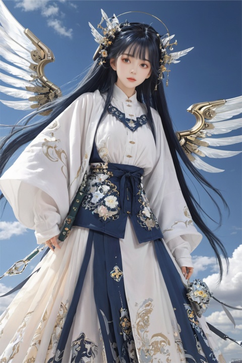  ((masterpiece)), ((best quality)), ((illustration)), extremely detailed,1 girl,mecha clothes,, big breasts,Dark white very_long_hair, scifi hair ornaments, beautiful detailed deep eyes, beautiful detailed sky, cinematic lighting, wind,Mechanical wings