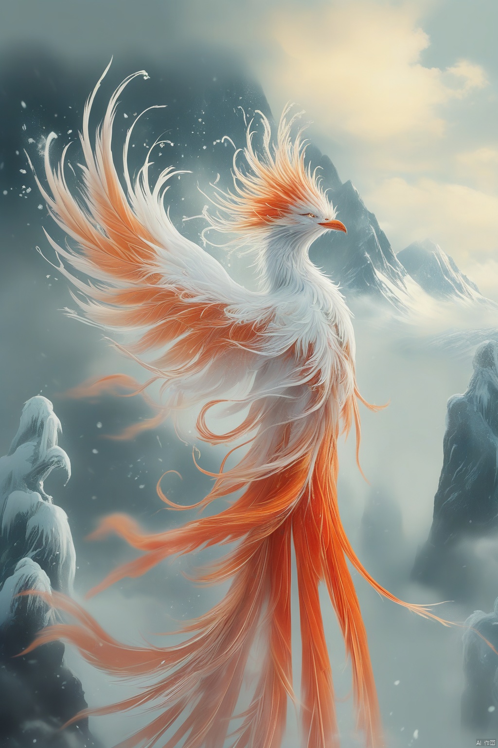 A phoenix formed by ice water, with slender tail feathers fluttering in the wind. Mist covers part of the phoenix's body, and the background is a snowy mountain