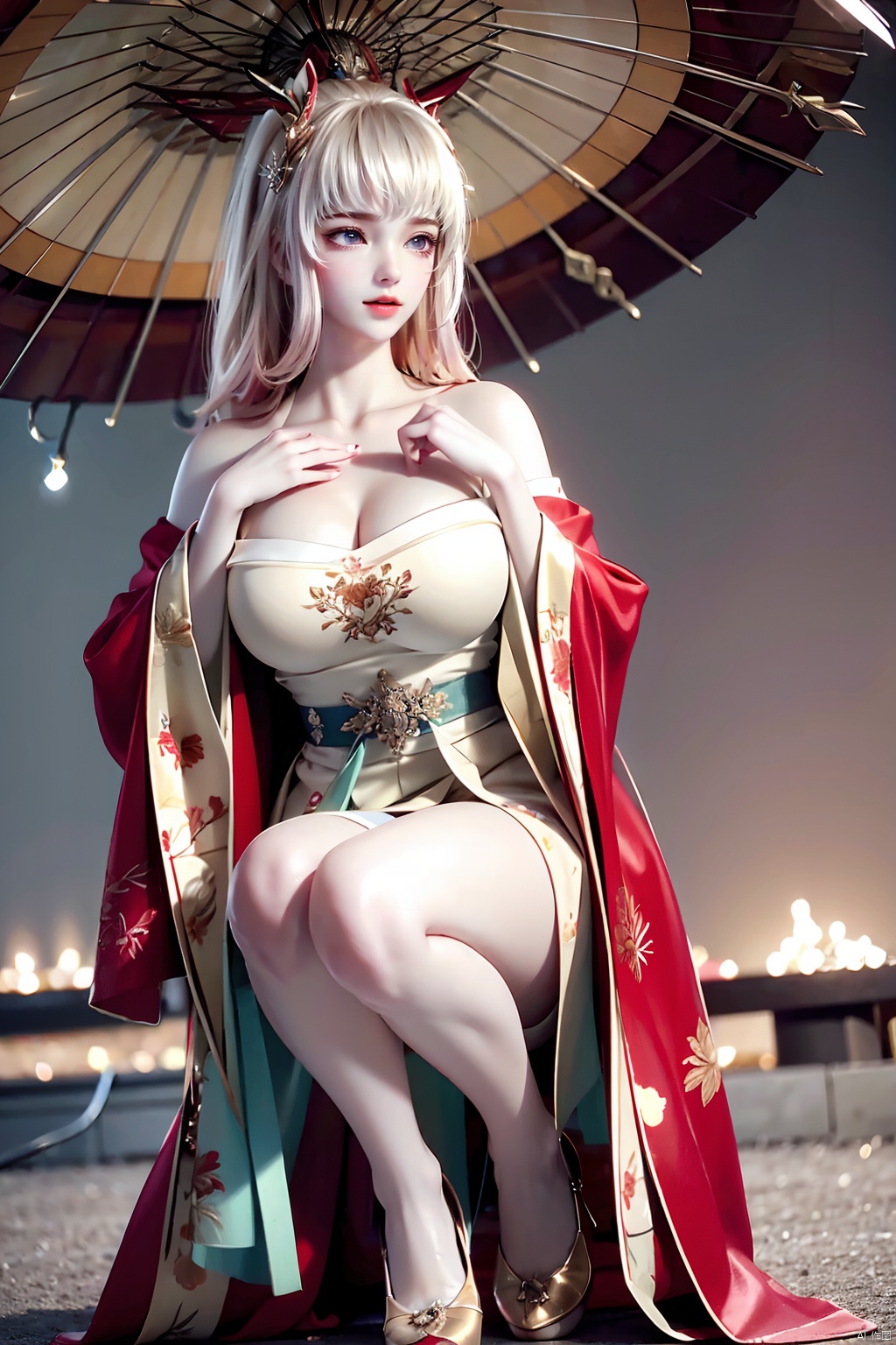 Defocused, blurry, natural, landscape, forest, depth of field, light particles, trees, lens spots, light, stars (sky), sky, night, mountains, scenery, 1 girl, solo, squatting on the ground, blue eyes, dress, hair accessories, bare shoulders, milky white camisole, red coat, looking at the audience, yellow, tassels, thighs, round and full breasts, long sleeves, long hair, choking circle, collarbone, Hanfu, White thighs, off shoulder, cleavage, belt, squatting, holding an oil paper umbrella, (original photo: 1.2), (photo fidelity: 1.4), best quality, masterpiece, illustration, an extremely exquisite and beautiful, extremely detailed, CG, unified, 8k wallpaper, amazing, fine details, masterpiece, best quality, official art, extremely detailed CG unified 8k wallpaper, absurd, unbelievably absurd, huge file size, ultra detailed, High level, very detailed, beautiful detailed girl, movie lighting, 1 girl, pale skin, tall female, (perfect body shape), slender legs, fair skin, tall, long legs,