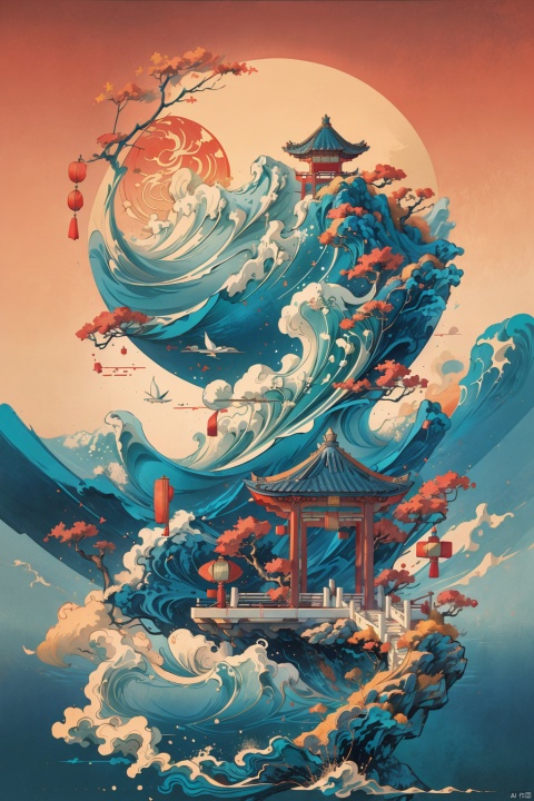 Ultra high definition, blue-green, landscape, artistic sense, minimalist poster, waves, red sun, cranes, sea of clouds, Chinese gardens, Chinese architecture, artistic conception, ancient simplicity, ancient charm left blank,