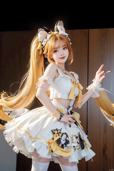  (Well structured), DSLR quality, (wariza), (girl), bare shoulders, cleavage, round and full breasts, bow, brown eyes, (Lolita dress: 1.4), gold and white Lolita dress, pleated leggings, holding, lips, nose, shoulders, alone, with two tails, kind smile, looking at the audience, white leggings, wrist cuffs, 1 girl, looking at at_viewer, anqila, Orange hair, double tailed, yellow eyes