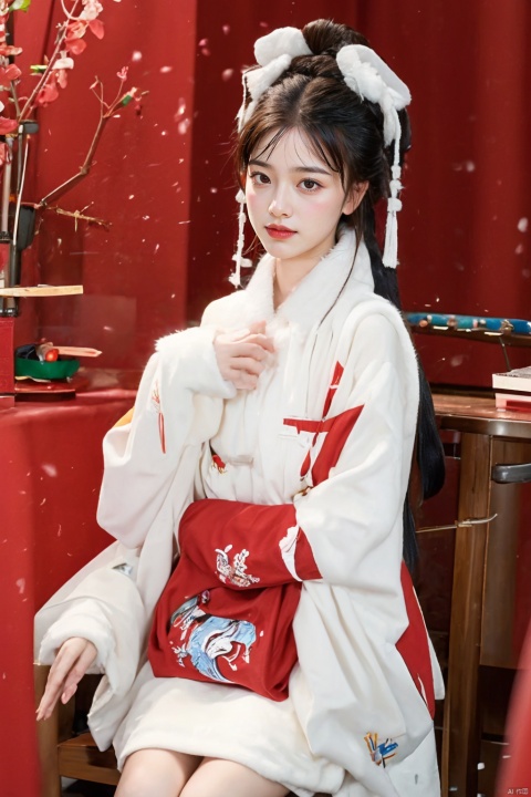  Girl, harmonious colors, depth of field, New Year scene, bangs, white headwear, red long sleeves, white sleeveless plush jacket, full clothes, spacious, traditional Chinese clothing, sitting on a stool, table, Spring Festival couplets, decoration, tassels,