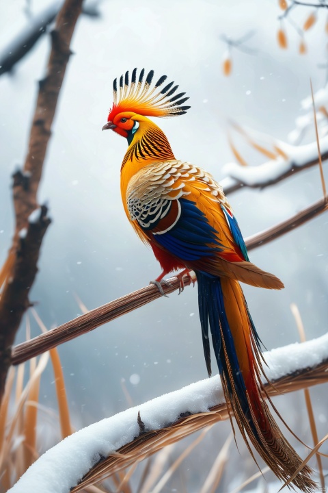Golden pheasant,Standing on dry branches against a snowy background,Photography, background blurring,Real feathers, high-definition