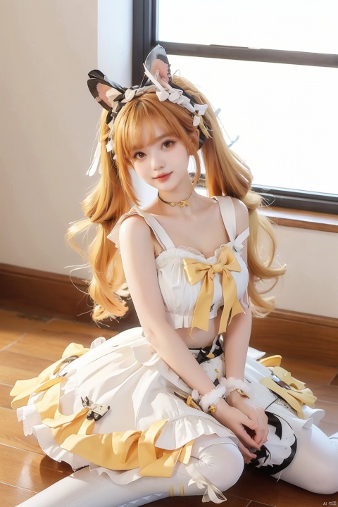  (Well structured), DSLR quality, (wariza), (girl), bare shoulders, cleavage, round and full breasts, bow, brown eyes, (Lolita dress: 1.4), gold and white Lolita dress, pleated leggings, holding, lips, nose, shoulders, alone, with two tails, kind smile, looking at the audience, white leggings, wrist cuffs, 1 girl, looking at at_viewer, anqila, Orange hair, double tailed, yellow eyes