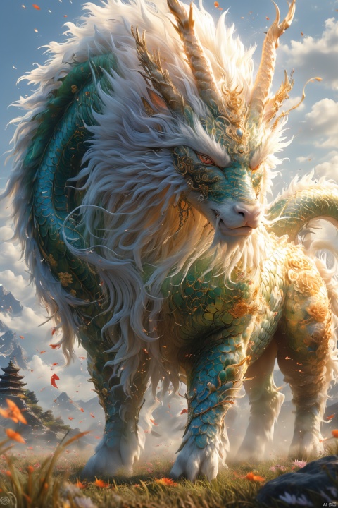  masterpiece,best quality,
The qilin is majestic, its body sleek and graceful, adorned with shimmering scales that glint in the sunlight. Its horn is long and spiraled, its eyes wise and kind. As it moves, the ground beneath its hooves bursts into bloom, flowers and grass springing up in its wake, creating a verdant path wherever it goes.