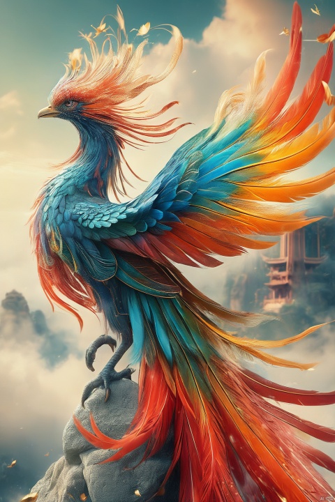 Phoenix, wings, colorful feathers, auspicious clouds,Standing on a stone, realistic,Exquisite eyes, spreading wings,front view