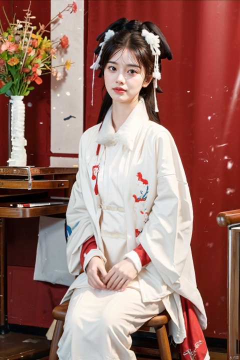 Girl, harmonious colors, depth of field, New Year scene, bangs, white headwear, red long sleeves, white sleeveless plush jacket, full clothes, spacious, traditional Chinese clothing, sitting on a stool, table, Spring Festival couplets, decoration, tassels,