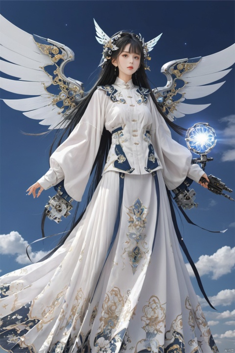  ((masterpiece)), ((best quality)), ((illustration)), extremely detailed,1 girl,mecha clothes,, big breasts,Dark white very_long_hair, scifi hair ornaments, beautiful detailed deep eyes, beautiful detailed sky, cinematic lighting, wind,Mechanical wings