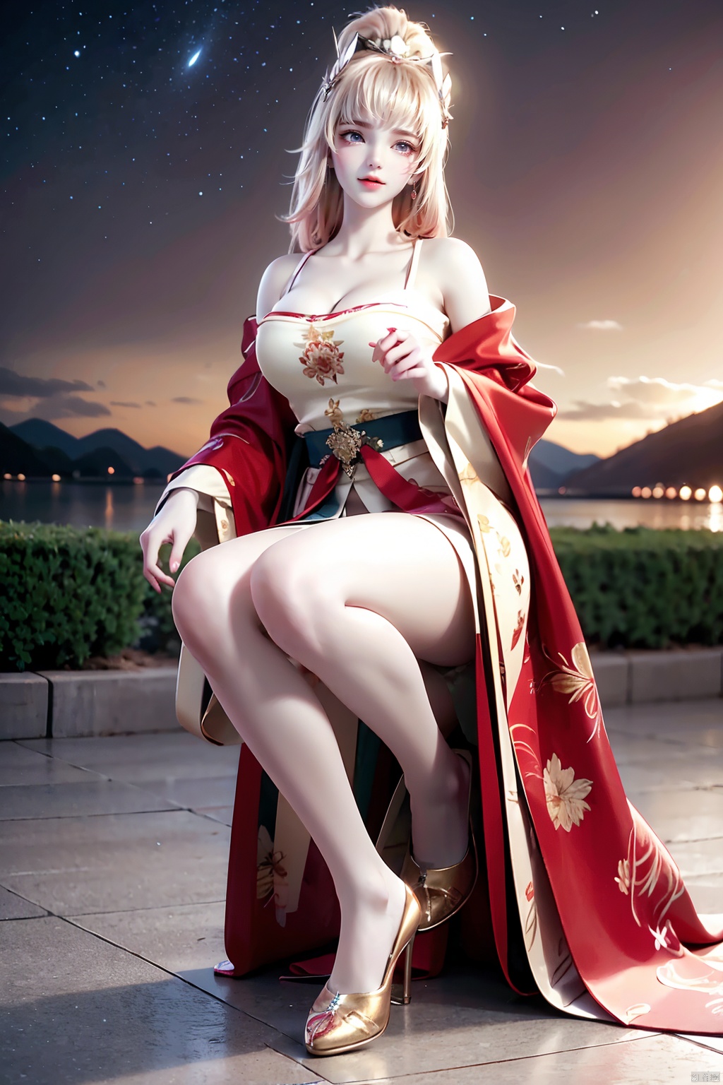 Defocused, blurry, natural, landscape, forest, depth of field, light particles, trees, lens spots, light, stars (sky), sky, night, mountains, scenery, 1 girl, solo, squatting on the ground, blue eyes, dress, hair accessories, bare shoulders, milky white camisole, red coat, looking at the audience, yellow, tassels, thighs, round and full breasts, long sleeves, long hair, choking circle, collarbone, Hanfu, White thighs, off shoulder, cleavage, belt, standing outdoors, holding an oiled paper umbrella, (original photo: 1.2), (photo fidelity: 1.4), best quality, masterpiece, illustration, an extremely exquisite and beautiful, extremely detailed, CG, unified, 8k wallpaper, amazing, fine details, masterpiece, best quality, official art, extremely detailed CG unified 8k wallpaper, absurd, unbelievably absurd, huge file size, Super detailed, high-level, very detailed, beautiful detailed girl, movie lighting, 1 girl, pale skin, tall woman, (perfect body shape), slender legs, fair skin, tall, long legs,