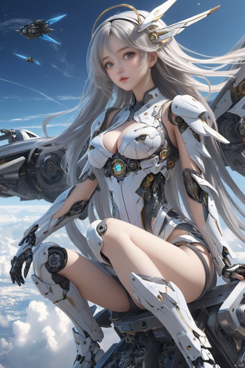  ((masterpiece)), ((best quality)), ((illustration)), extremely detailed,1 girl,mecha clothes,, big breasts,Dark white very_long_hair, scifi hair ornaments, beautiful detailed deep eyes, beautiful detailed sky, cinematic lighting, wind,Mechanical wings，Squatting and sitting