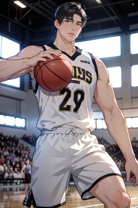  sdmai, wuxia, gorgeous eyes, splashing details, wild and powerful, solo, black hair, long hair, Playing basketball in a basketball jersey on the school basketball court, a distant view, white background, looking at viewer, 1boy, 
, wdsjp