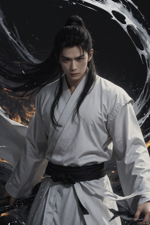  sdmai, wuxia, Chinese martial arts films, wearing white robes, fighting posture, cinematic grandeur, splashing details, wild and powerful, solo, black hair, sword, long hair, male focus, looking at viewer, 1boy, asuo